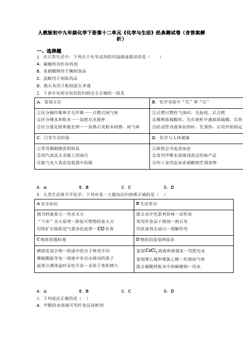 人教版初中九年级化学下册第十二单元《化学与生活》经典测试卷(含答案解析)