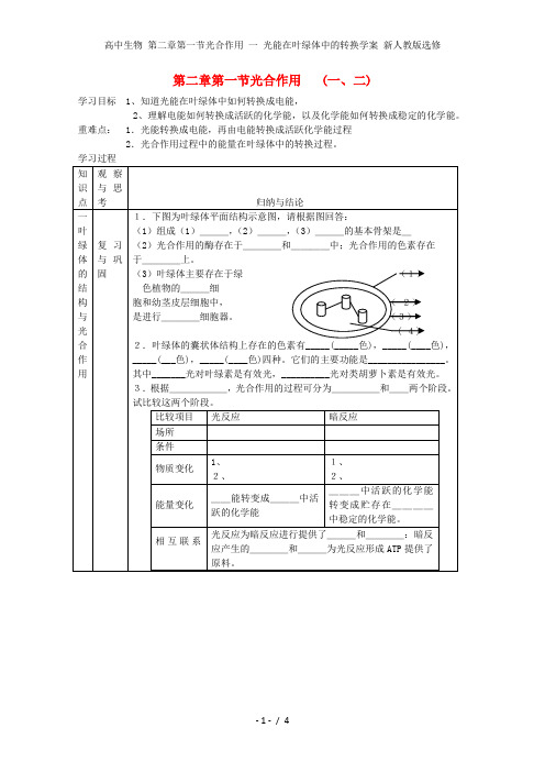 高中生物 第二章第一节光合作用 一 光能在叶绿体中的转换学案 新人教版选修