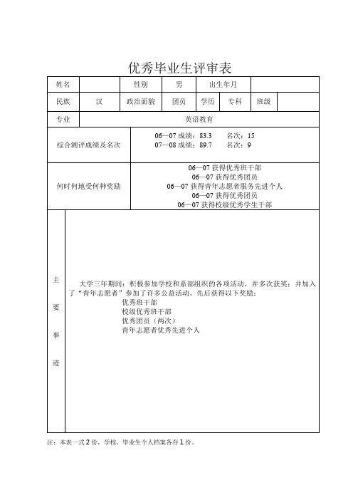 校级优秀毕业生评审表