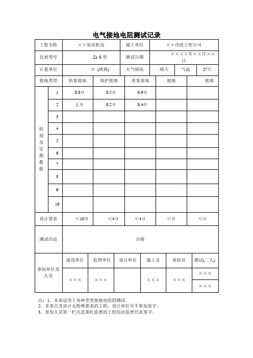 电气接地电阻测试记录