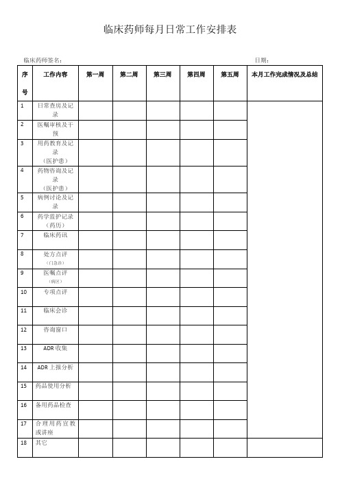 临床药学每月工作安排表