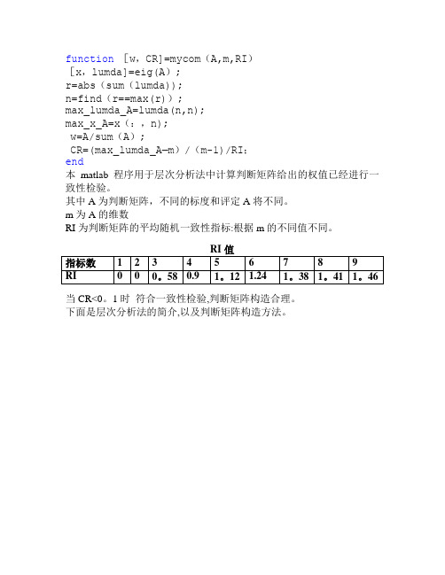 层次分析法判断矩阵求权值以及一致性检验程序