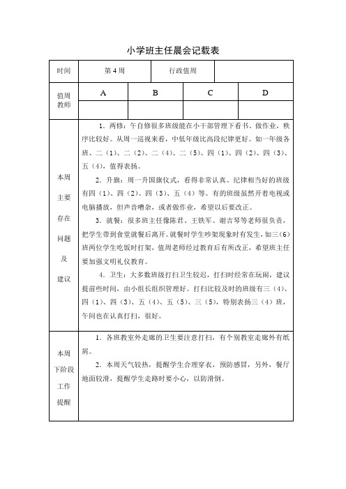 小学班主任晨会记载表(第4周)