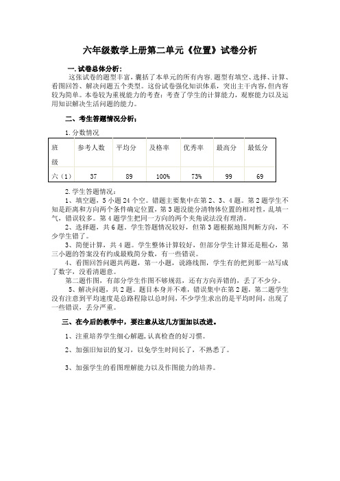 六(2)班数学第二单元位置试卷分析