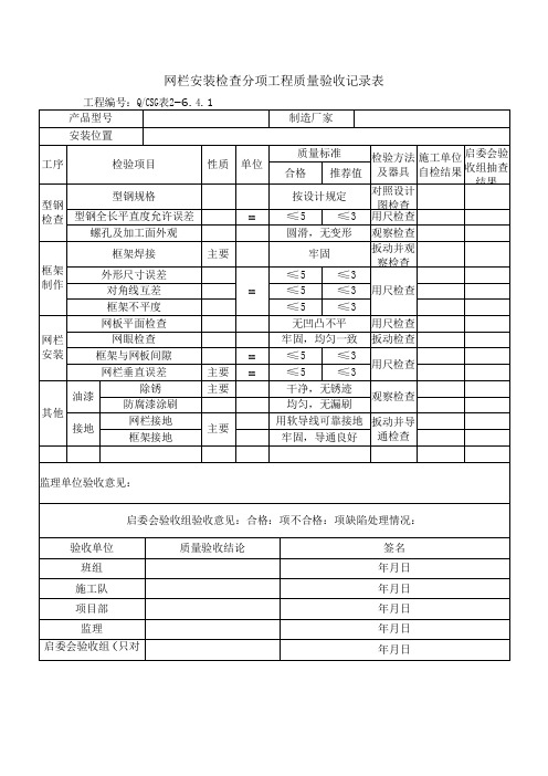 网栏安装检查分项工程质量验收记录表