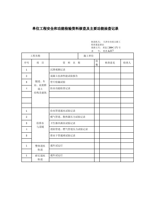 单位工程安全和功能检验资料核查及主要功能抽查记录