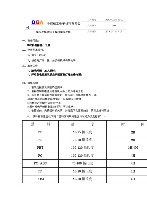 除湿干燥机操作过程