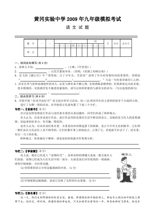 湖北省黄冈实验中学九年级语文模拟考试试题
