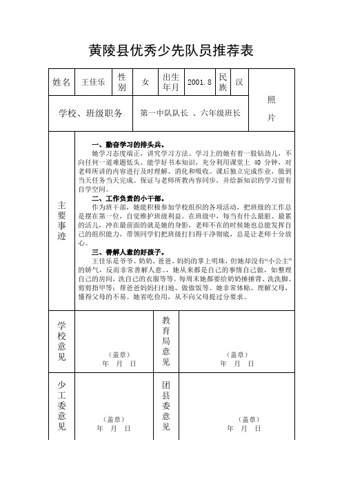 阿党小学优秀少先队员推荐表