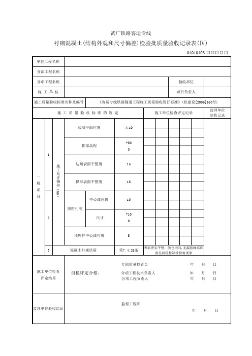 隧道衬砌混凝土(结构外观和尺寸偏差)检验批