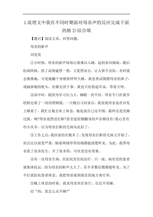 1流理文中我在不同时期面对母亲声的反应完成下面的格2)结合填