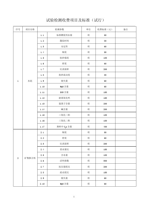 试验检测收费项目及标准