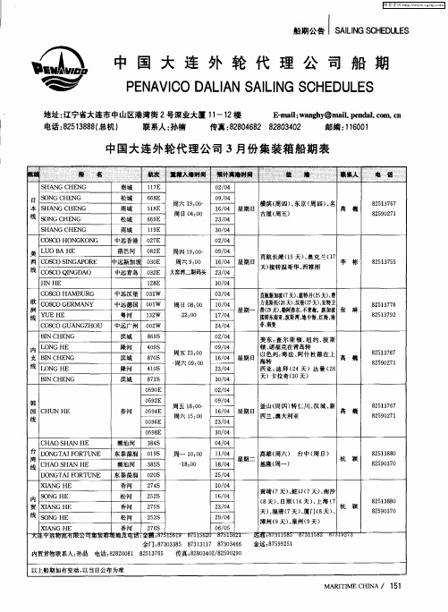 中国大连外轮代理公司3月份集装箱船期表