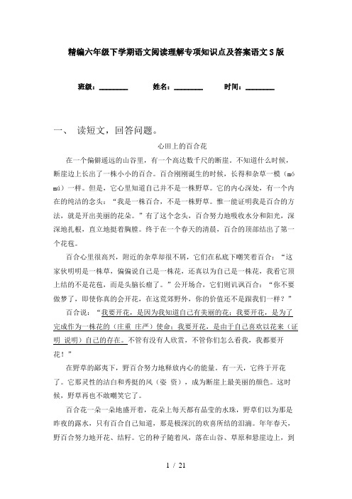 精编六年级下学期语文阅读理解专项知识点及答案语文S版