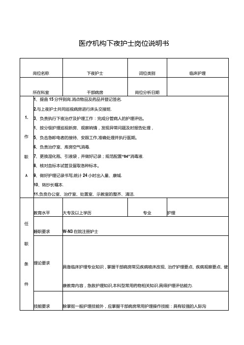 医疗机构下夜护士岗位说明书