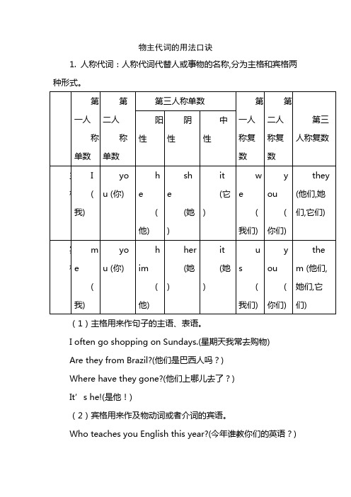 物主代词的用法口诀