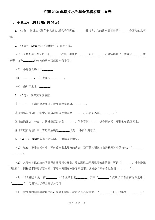 广西2020年语文小升初全真模拟题二D卷