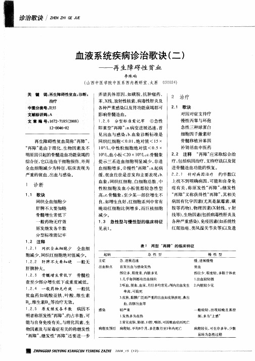 血液系统疾病诊治歌诀(二)——再生障碍性贫血