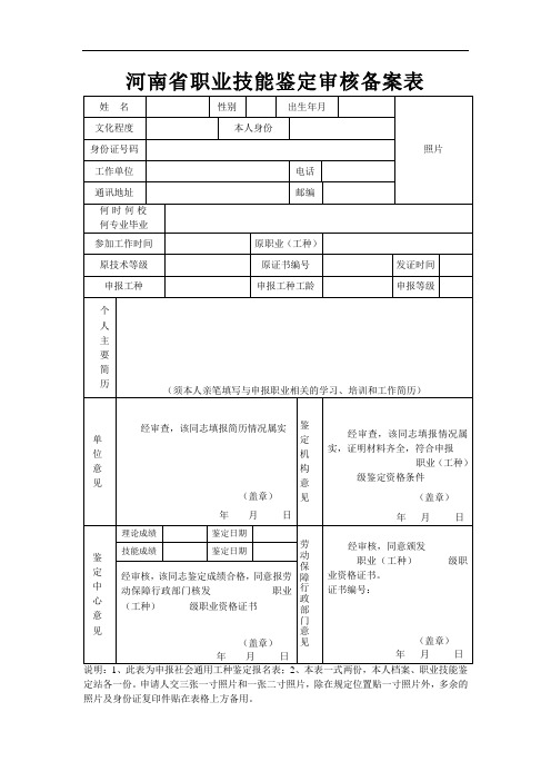 河南省职业技能鉴定审核备案表