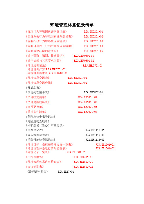 环境管理体系记录清单