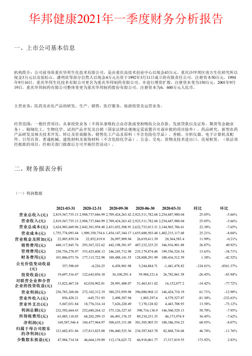 华邦健康2021年一季度财务分析报告