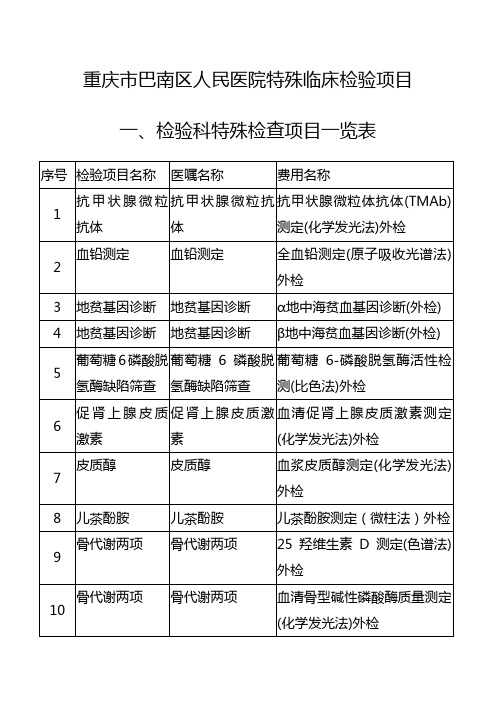 重庆巴南区人民医院特殊临床检验项目检验科特殊检查项目