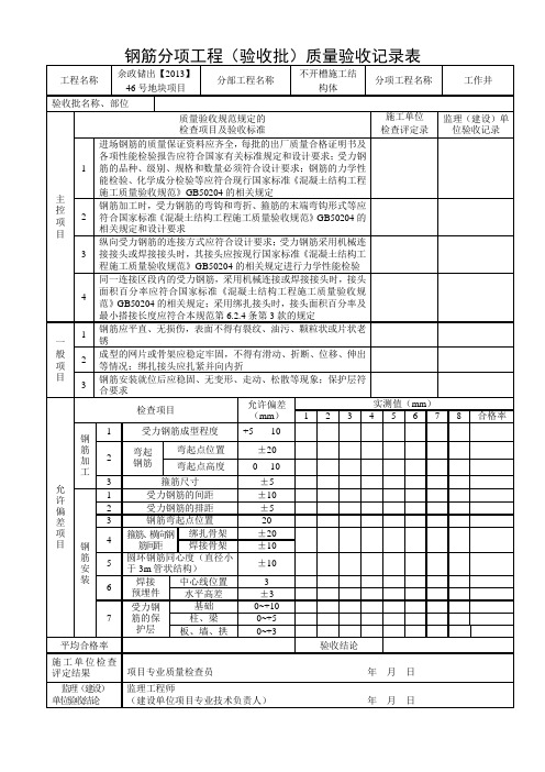 钢筋分项工程质量验收记录表