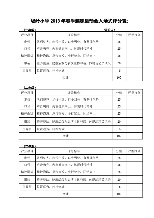 2013年春季运动会入场式评分表