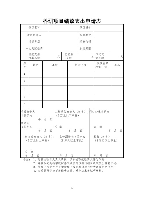 科研项目绩效支出申请表