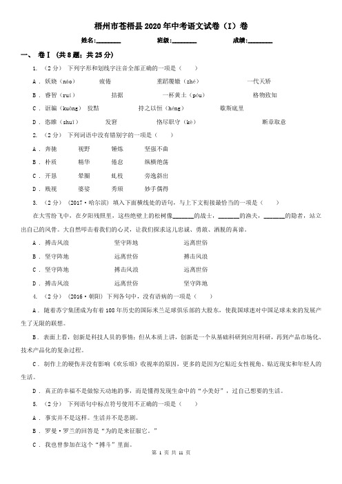 梧州市苍梧县2020年中考语文试卷(I)卷