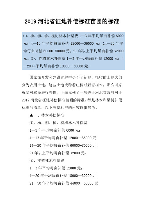 2019河北省征地补偿标准苗圃的标准