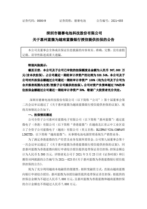 000049德赛电池：关于惠州蓝微为越南蓝微银行授信提供担保的公告