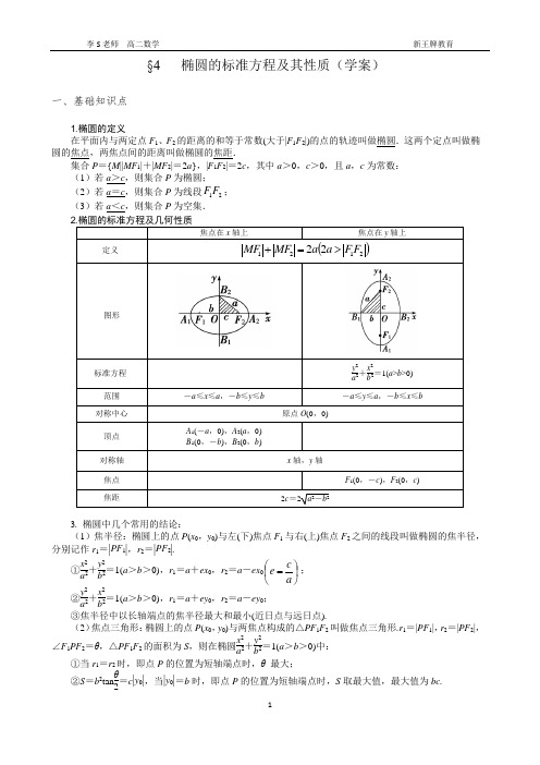 金桥高中补习班新王牌数学讲义椭圆的标准方程及其性质