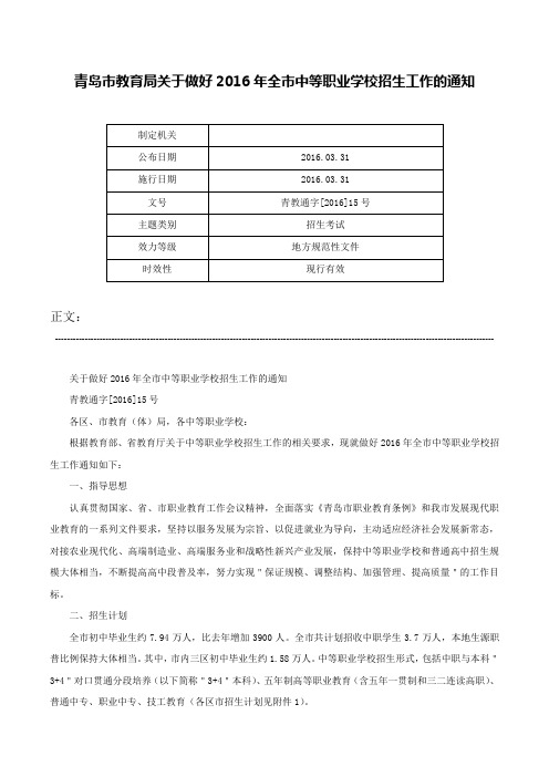 青岛市教育局关于做好2016年全市中等职业学校招生工作的通知-青教通字[2016]15号