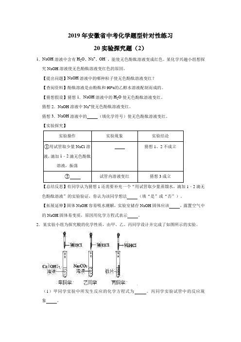 2019年安徽省中考化学题型针对性练习 20实验探究题(2)(word解析版)