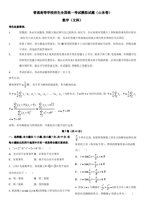 2012年普通高等学校招生全国统一考试模拟试题(数学文)(山东卷)