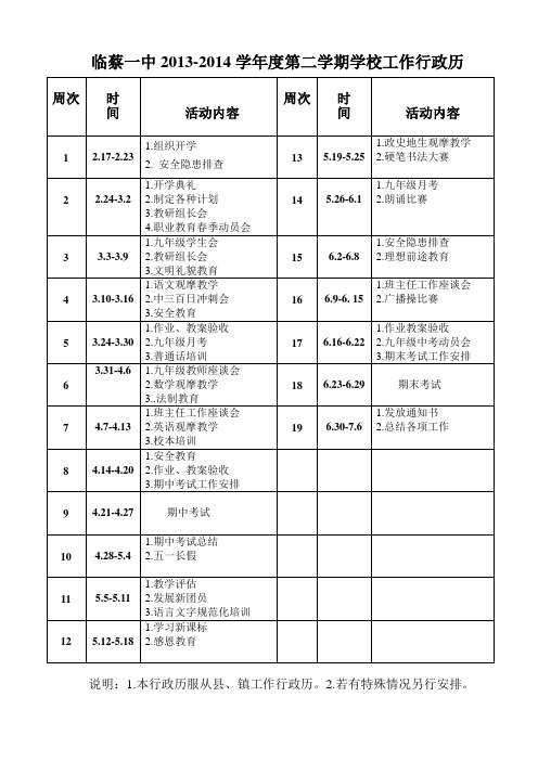 2013-2014第二学期工作行政历