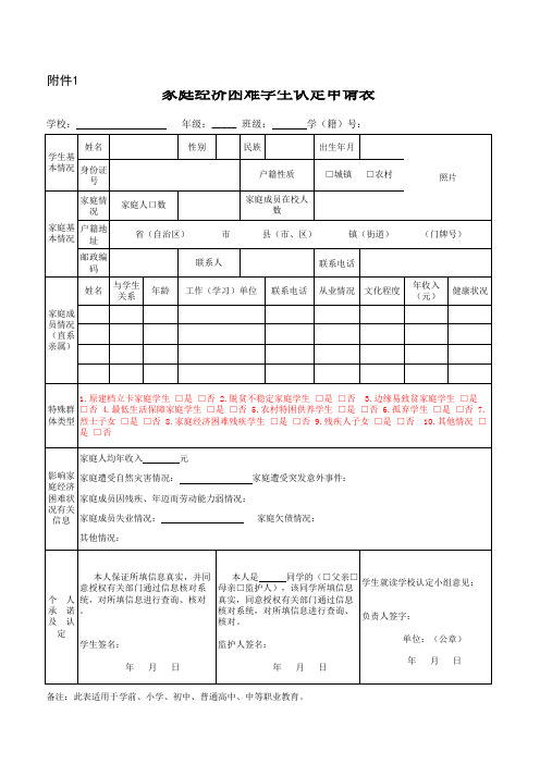 家庭经济困难学生认定申请表(样表)