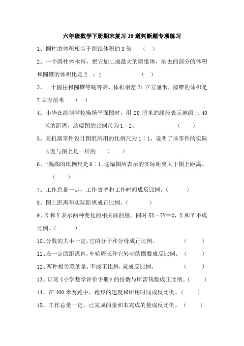 六年级数学下册期末复习28道判断题专项练习