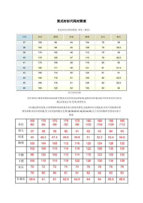 男式衬衫尺码对照表