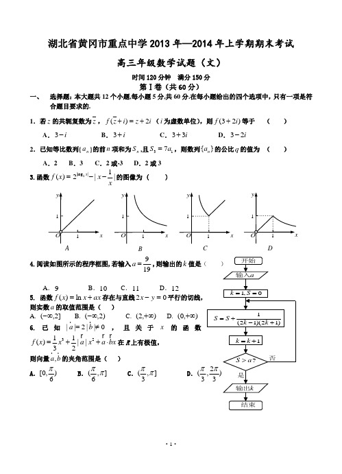 湖北省黄冈市重点中学2014届高三上学期期末考试 数学文