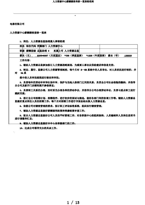 人力资源中心薪酬绩效考核一览表格范例