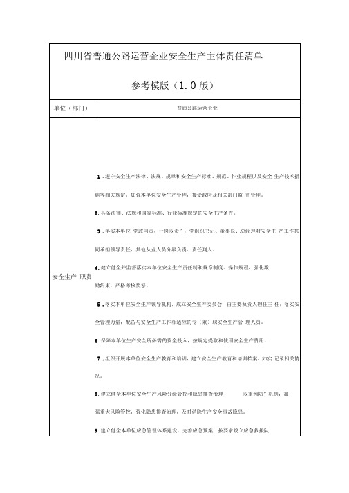 四川省普通公路运营企业安全生产主体责任清单