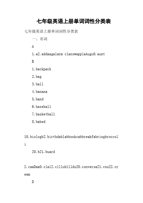 七年级英语上册单词词性分类表