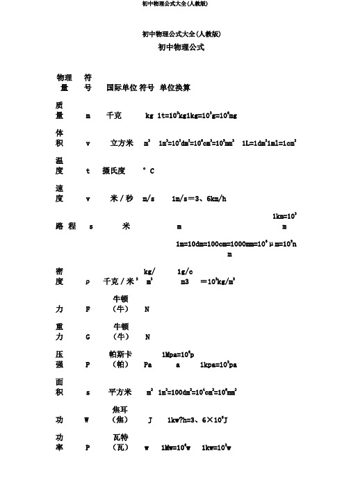 初中物理公式大全(人教版)