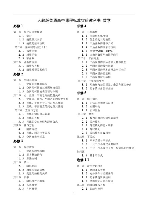 (完整版)人教版高中数学教材最新目录