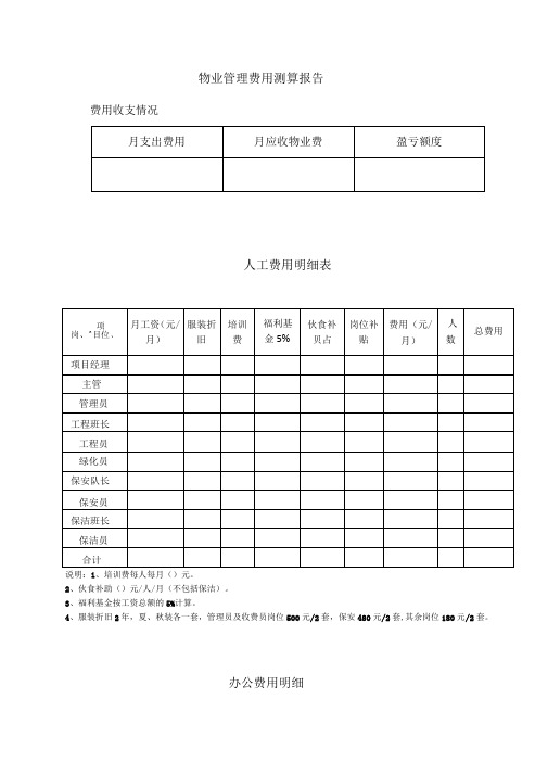 物业管理费用测算报告