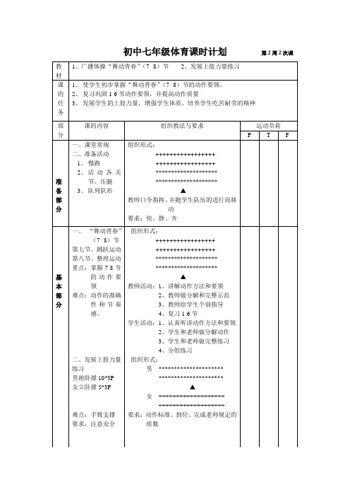 初中七年级体育课时计划(第二周2次课)