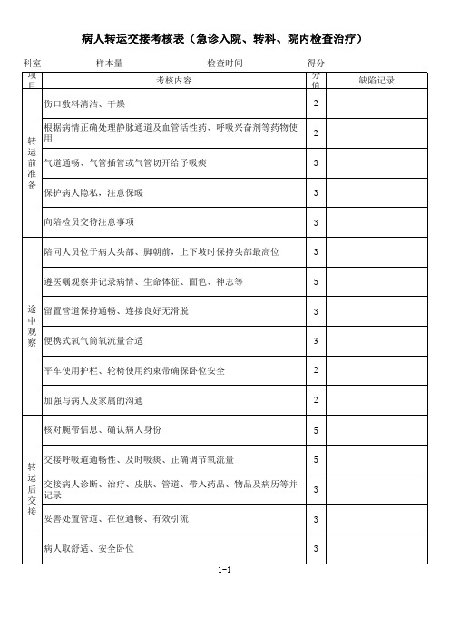 病人转运交接考核表(急诊入院、转科、院内检查治疗)