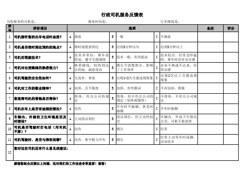 行政司机服务反馈表